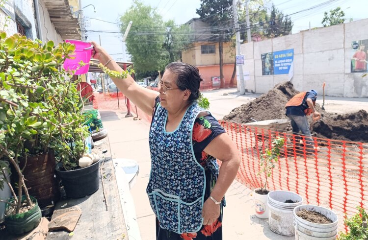 Yolanda, vecina del lugar, riega las plantas que tiene en su vivienda.