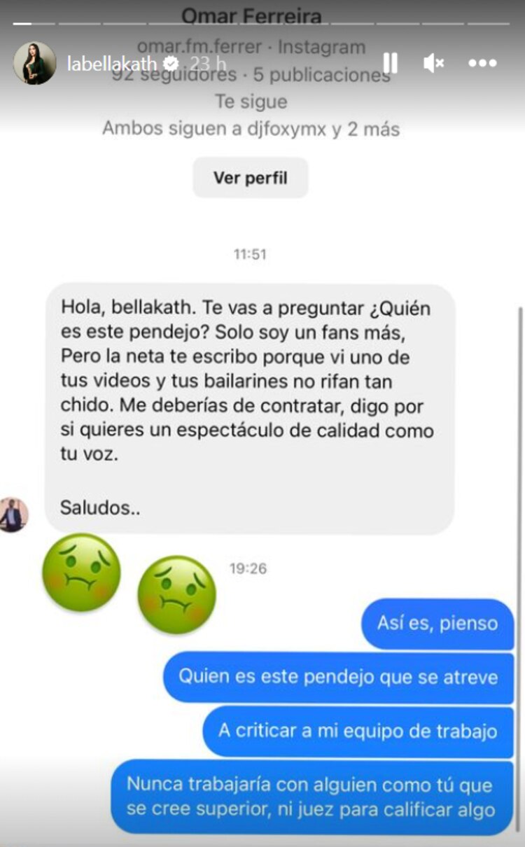 Bellakath responde a fan que criticó a su equipo de trabajo.