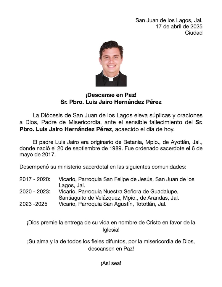La Diócesis de San Juan de los Lagos confirmó el fallecimiento y lamentó la pérdida.