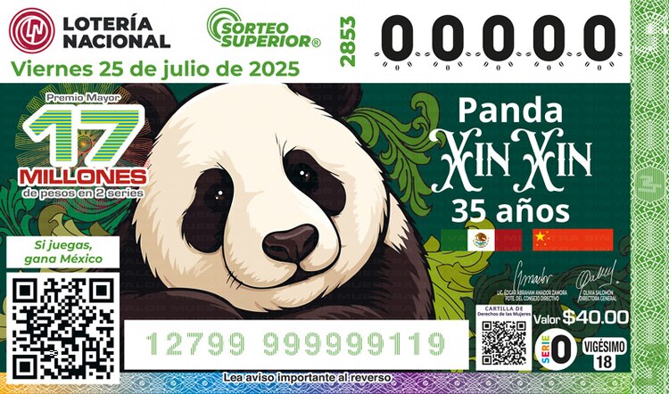 El billete del Sorteo Superior 2853 está dedicado a los 35 años del panda Xin Xin.