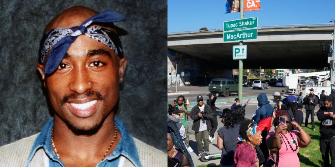 Fans de Tupac Shakur se reúnen en la calle que lleva el nombre del cantante, en Oakland, California, en 2023
