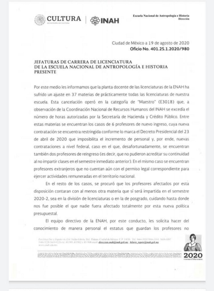 El oficio emitido por la ENAH