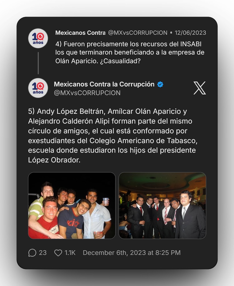 Publicación en X de MCCI sobre el llamado "El Clan", amigos de "Andy" que han obtenido beneficios o cargos públicos.