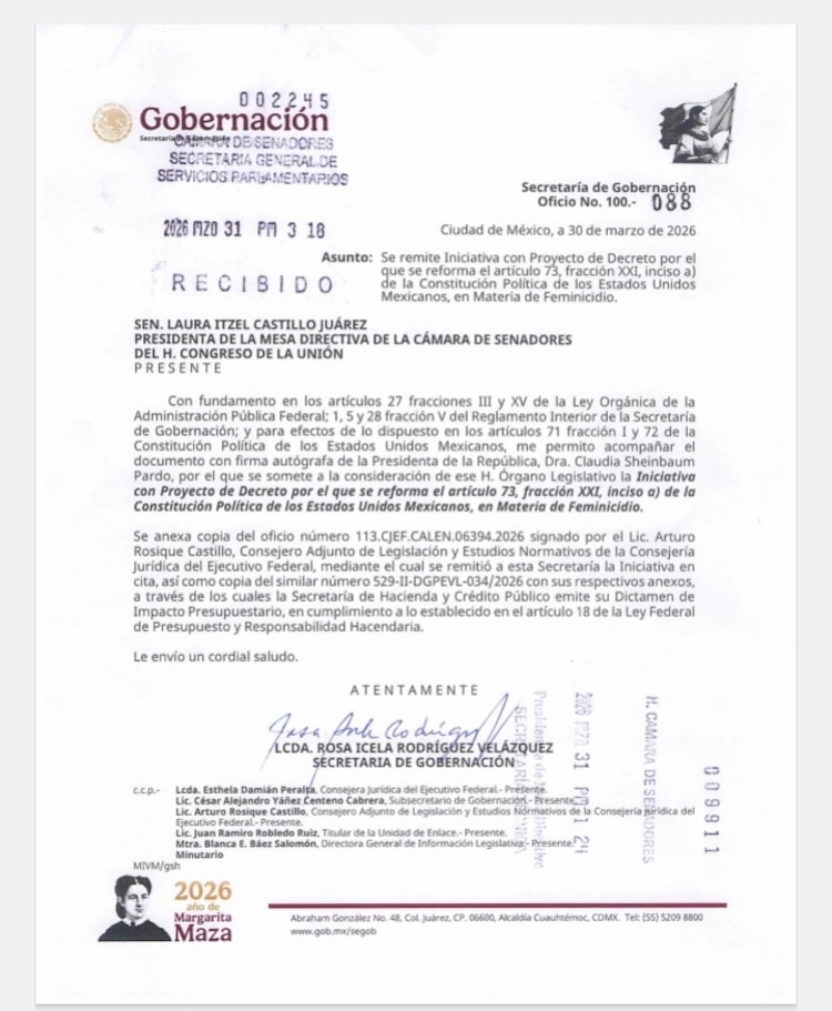 Senado recibe iniciativa de Sheinbaum contra feminicidio.