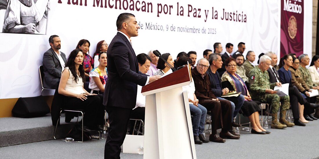 Omar García Harfuch, secretario de Seguridad, ayer, en la presentación del Plan Michoacán.