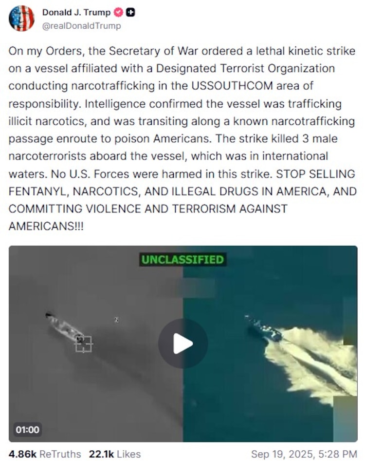 El presidente de Estados Unidos, Donald Trump, anunció la destrucción de otra embarcación.