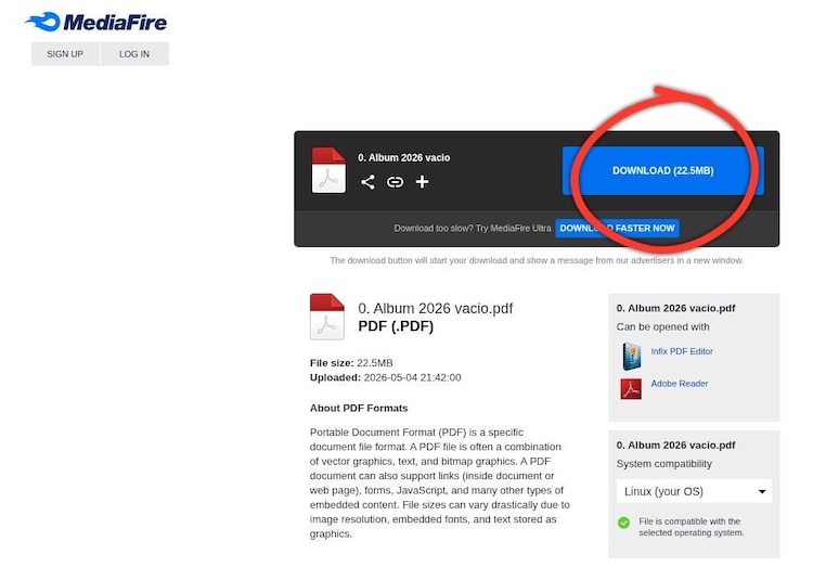 En la página de Mediafire, da clic en el botón "DOWNLOAD".
