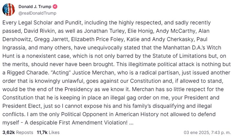 Mensaje de Donald Trump en Truth Social.