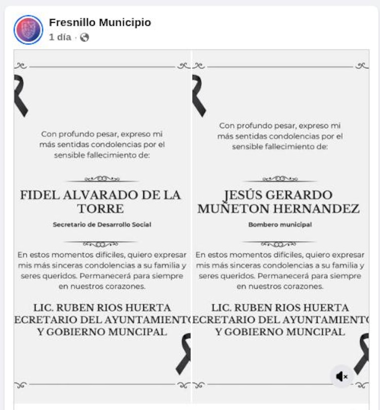 Esquela del ayuntamiento de Fresnillo por la muerte del funcionario y el bombero.