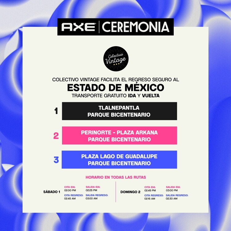 Rutas y punto de salida del transporte en AXE Ceremonia 2023