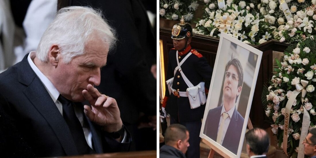 Miguel Uribe Londoño (izq.), padre del senador Miguel Uribe Turbay (der.), toma su lugar como precandidato presidencial.