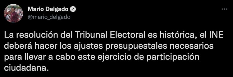 Mensaje publicado en la cuenta de Twitter de Mario Delgado.
