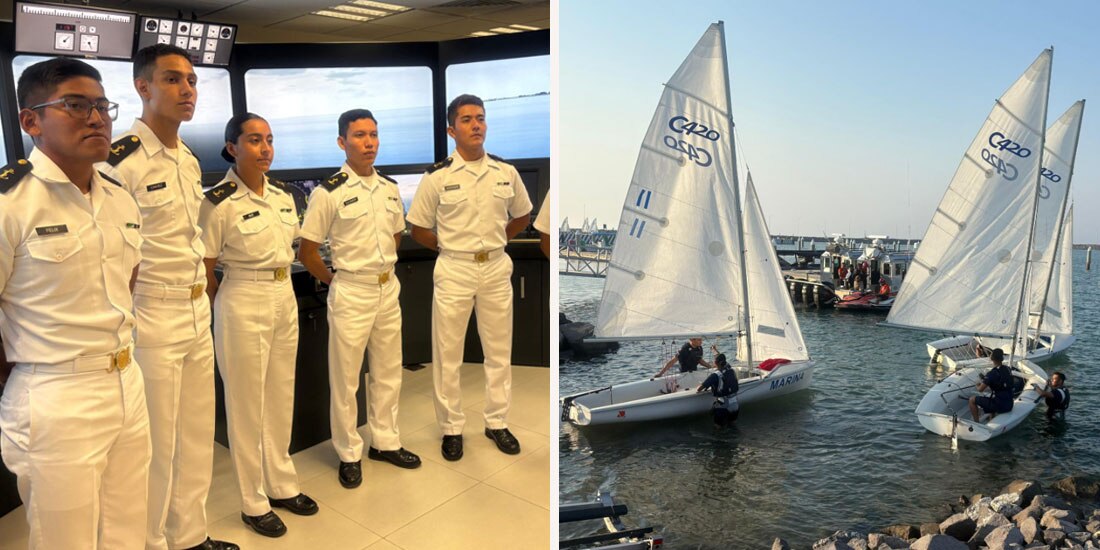 Cadetes en la Escuela Naval Militar y operativo en el mar en Antón Lizardo, Veracruz, ayer.