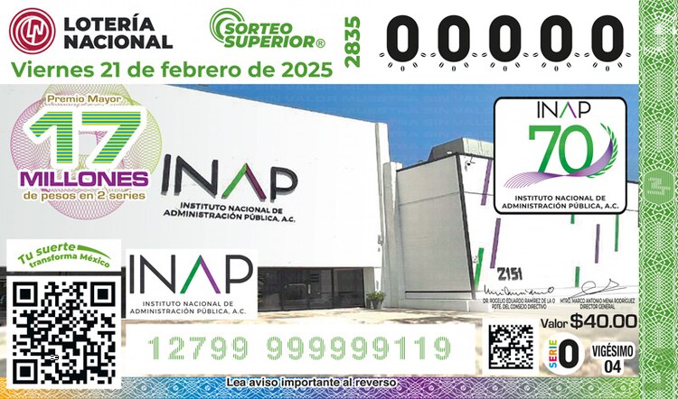 El billete del Sorteo Superior 2835 está dedicado a los 70 años del Instituto Nacional de Administración Pública (INAP), que fue fundado el 7 de febrero de 1955.