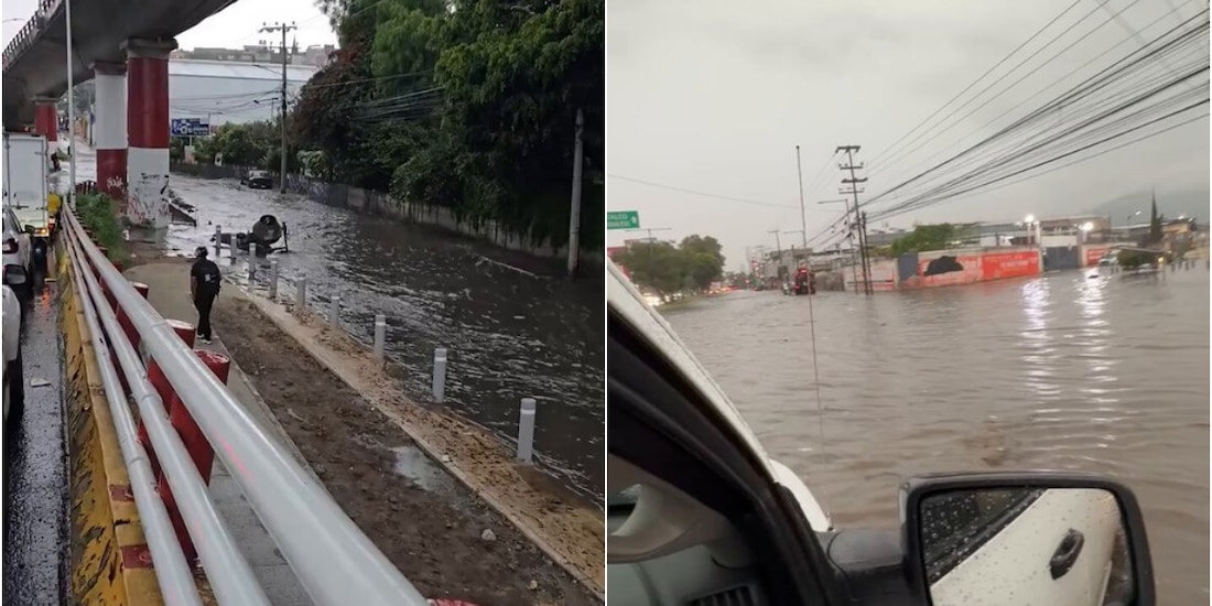 Lluvias provocan inundación en la vía José López Portillo, en Tultitlán, Estado de México.