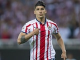 Alan Pulido festeja una anotación con Chivas en el Torneo Apertura 2019 de la Liga MX.