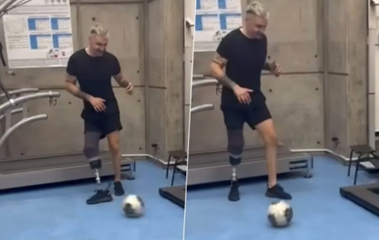 Cristóbal Campos con su prótesis para volver a las canchas de futbol.