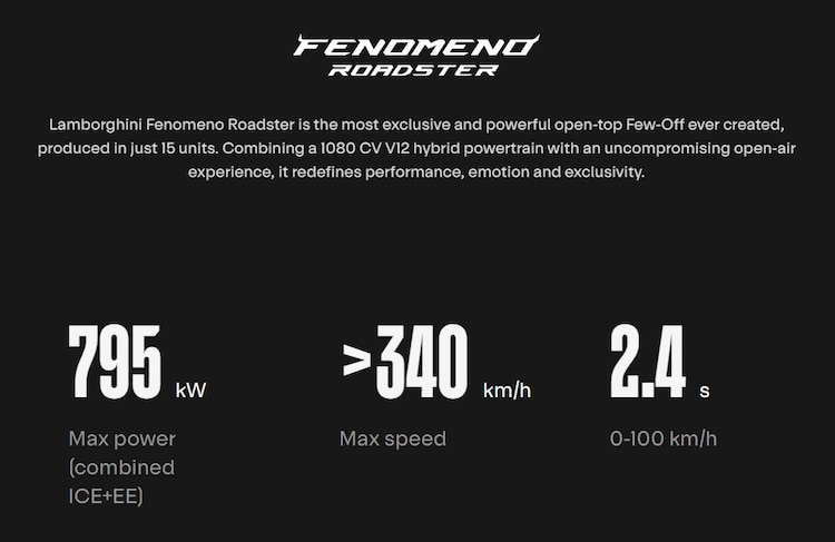 Características del Fenomeno Roadster de Lamborghini.