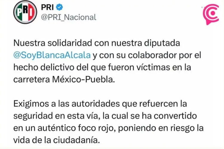 PRI reprobó el crimen contra la diputada Blanca Alcalá.