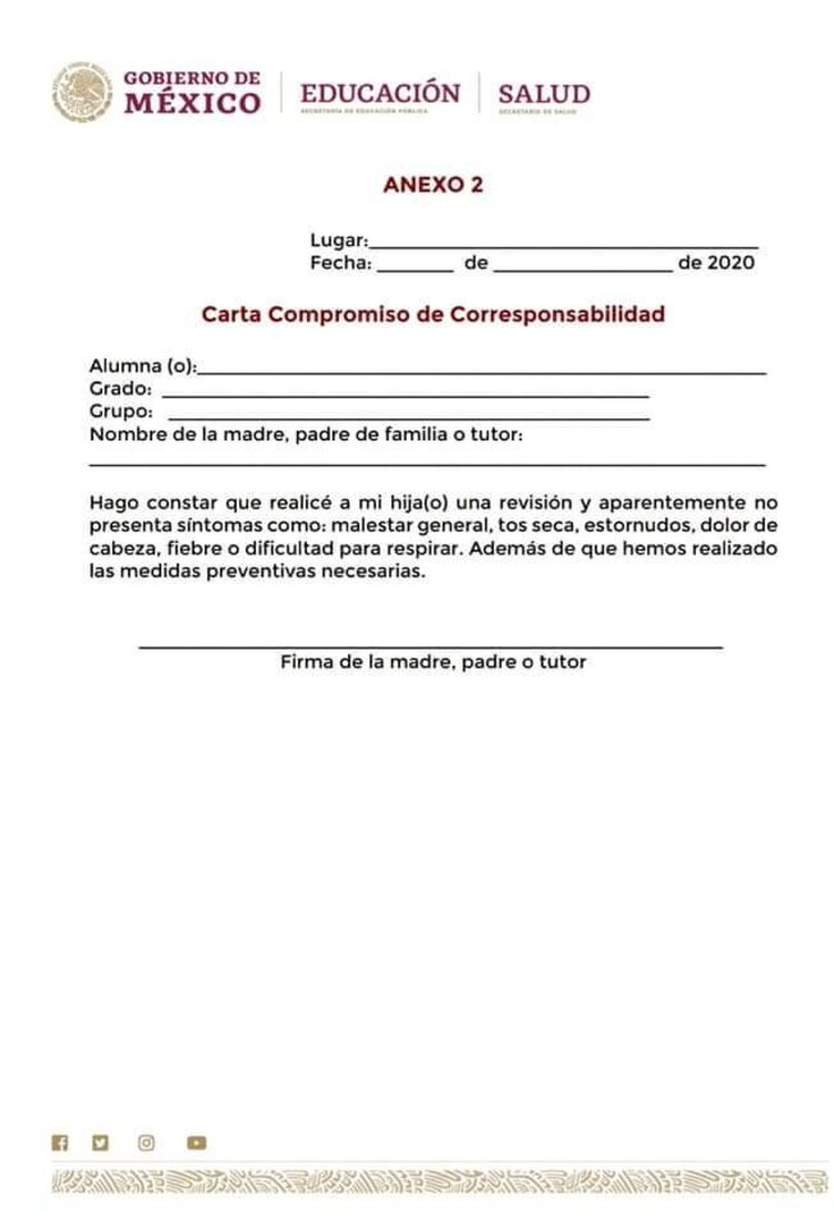 Formato de la Carta Compromiso de Corresponsabilidad para un regreso seguro a clases presenciales