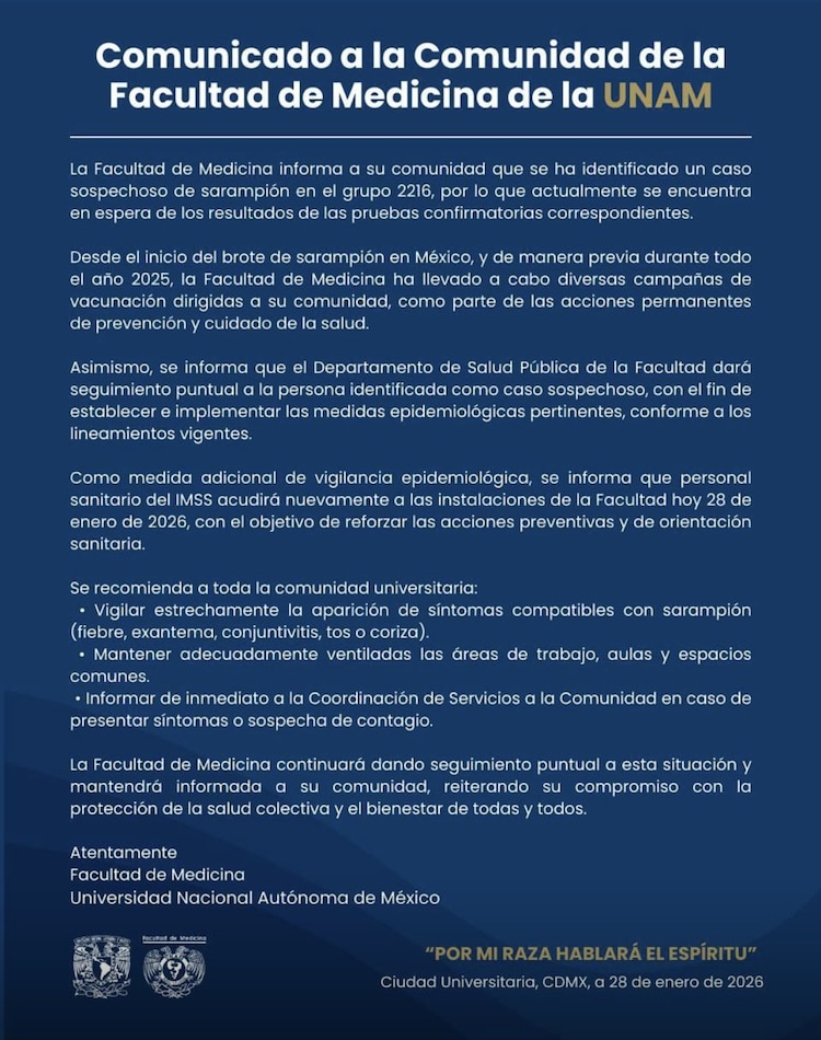 Caso sospechoso de sarampión en la UNAM enciende alertas sanitarias