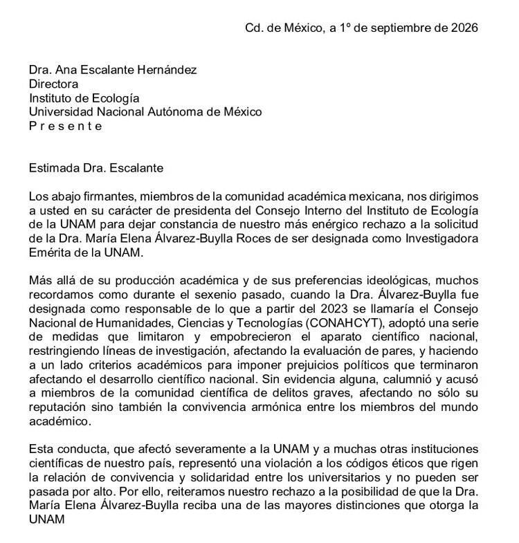 Posicionamiento de académicos de la UNAM en donde manifiestan su firme rechazo a que Álvarez-Buylla sea aceptada como investigadora emérita de la UNAM.