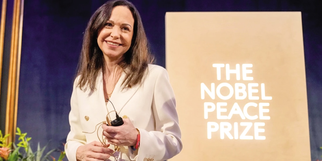 María Corina Machado, en conferencia en Noruega, el 11 de diciembre de 2025.