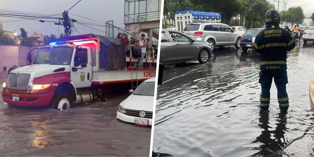 Inundaciones en Ecatepec, Edomex (izq.) y encharcamiento en Iztapalapa, CDMX (der.).