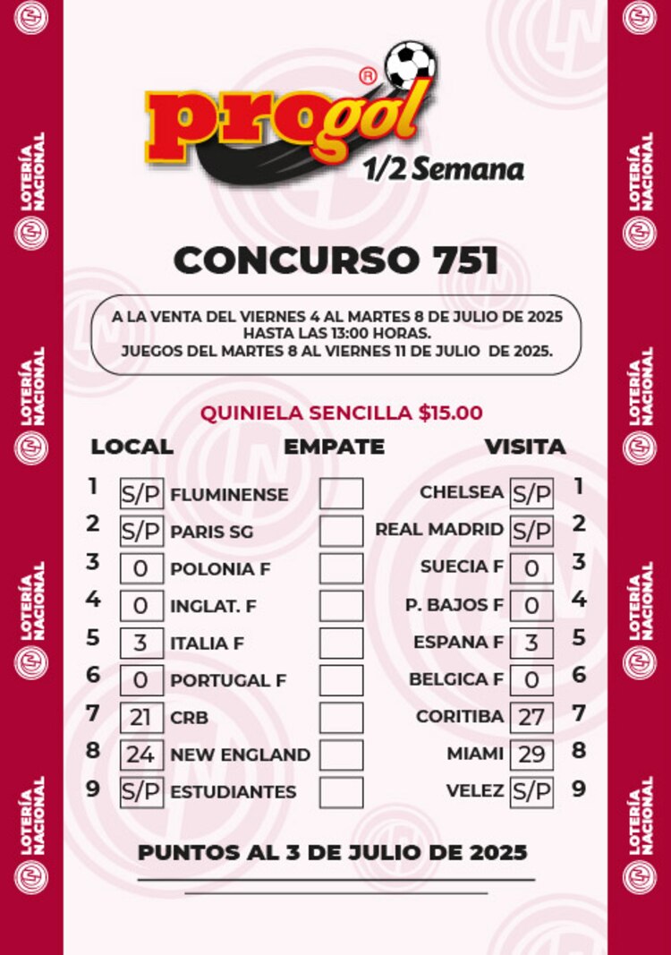 Quiniela Progol Media Semana 751.