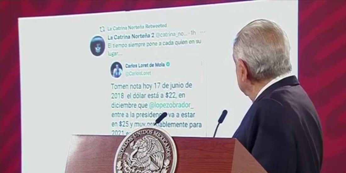 El supuesto mensaje sobre el precio del dólar, de 2018, fue mostrado en la conferencia mañanera de AMLO, aun cuando la imagen fue desmentida por el periodista en distintas ocasiones.