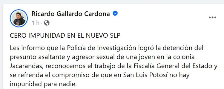 El mensaje del gobernador Ricardo Gallardo en Facebbook