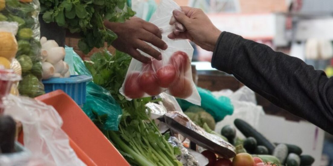 Personas sostienen una bolsa con jitomates