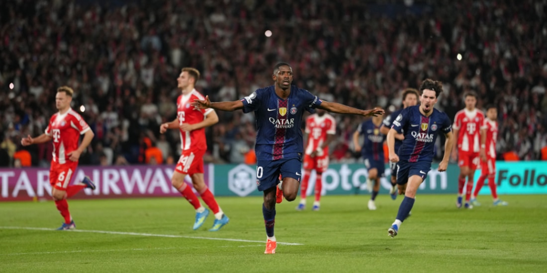 Ousmane Dembélé festejando su gol ante el Bayern Múnich.