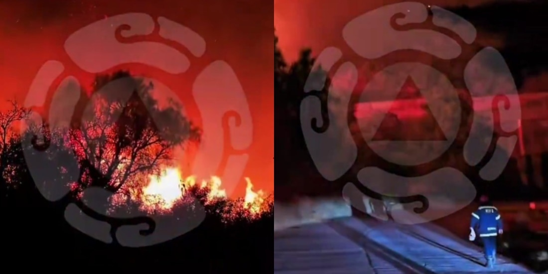 Combaten fuerte incendio en Jardines del Recuerdo, en Tlalnepantla, Edomex.