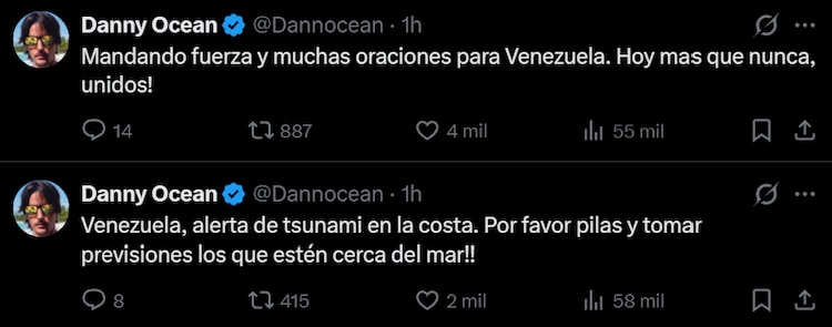 Mensaje de Danny Ocean en apoyo a Venezuela, tras el sismo de esta tarde