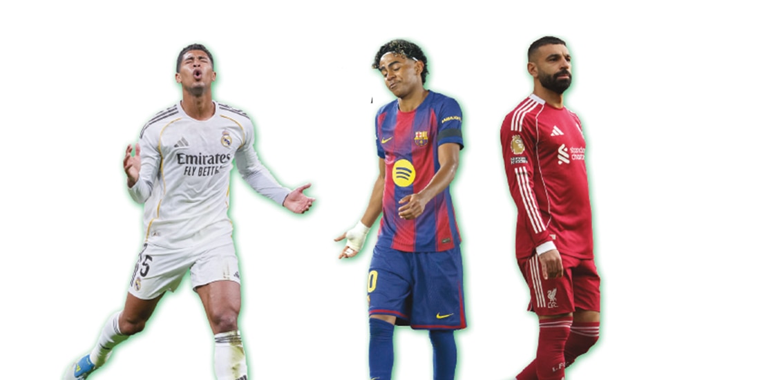 En la imagen, los futbolistas Jude Bellingham; Lamine Yamal y Mohamed Salah