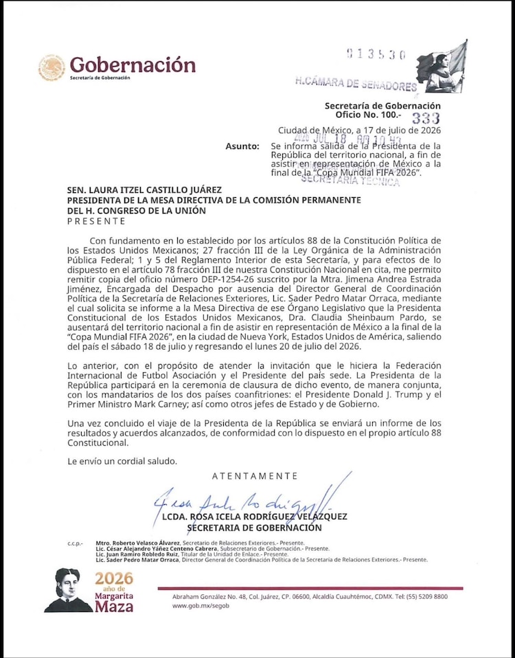 Oficio que la Segob envió a la Mesa Directiva del Senado.