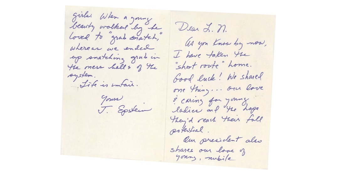 UNA TARJETA supuestamente escrita por Jeffrey Epstein a Larry Nassar, ayer.