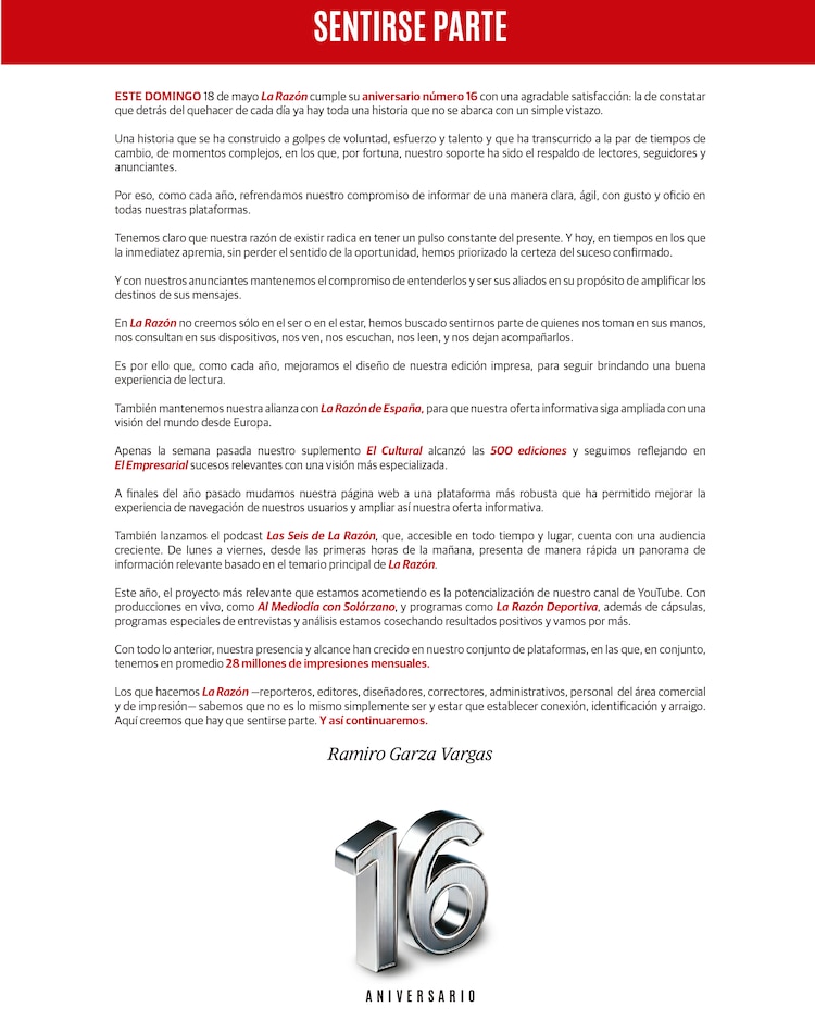 16 ANIVERSARIO DE LA RAZÓN - Sentirse parte.