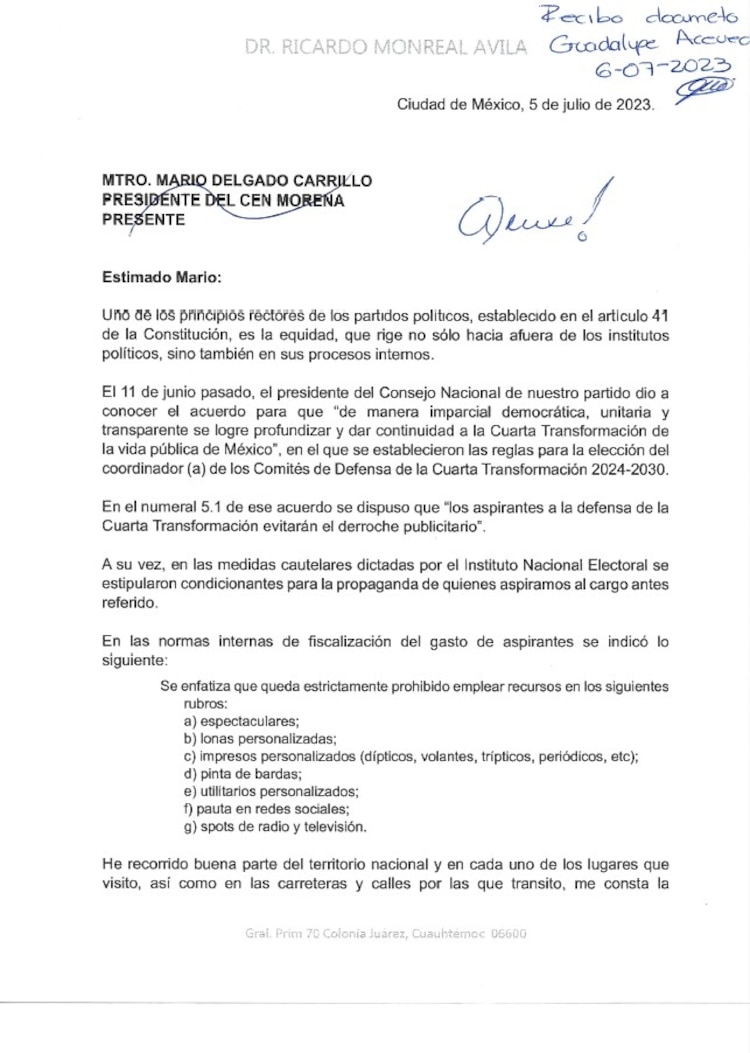 Carta que Ricardo Monreal remitió a Mario Delgado (uno).