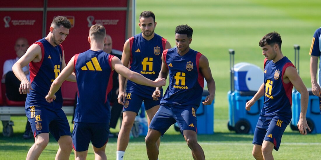 Futolistas ibéricos en uno de sus entrenamientos en Qatar.