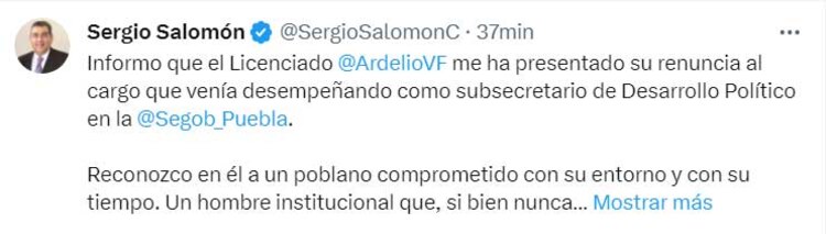 Ardelio Vargas renuncia a la subsecretaría de Gobernación de Puebla, informa Sergio Salomón Céspedes