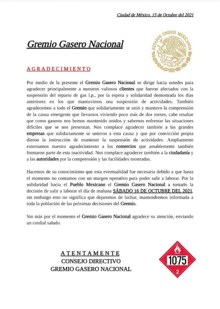 Termina paro de Gaseros; anuncian que saldrán a laborar este sábado