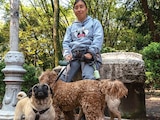 Una mujer pasea con más precaución a tres perros en el Parque España, ayer.