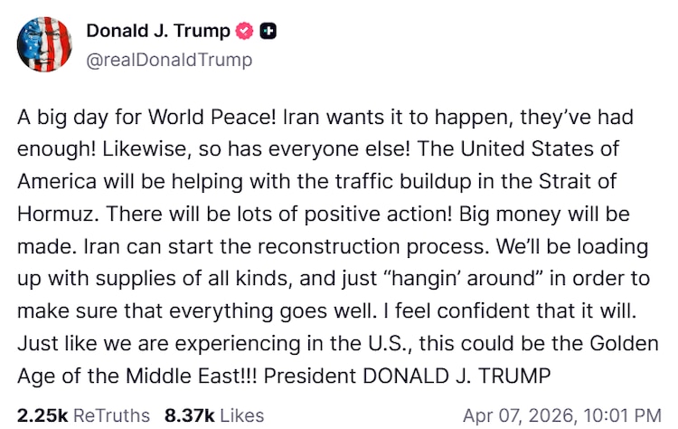 Declaración de Donald Trump sobre el acuerdo con Irán, en su plataforma Truth Social.