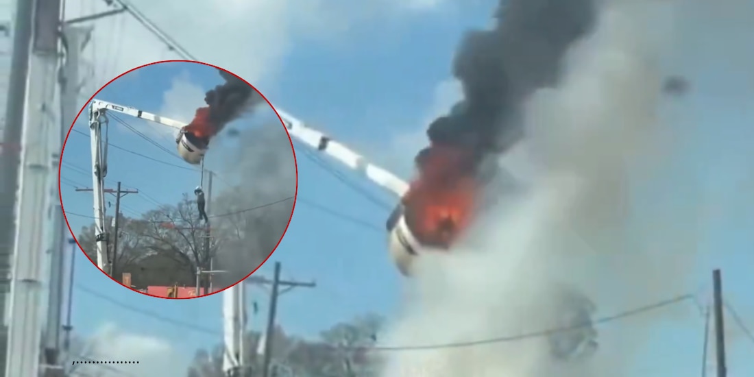 Trabajador cae desde canastilla en llamas