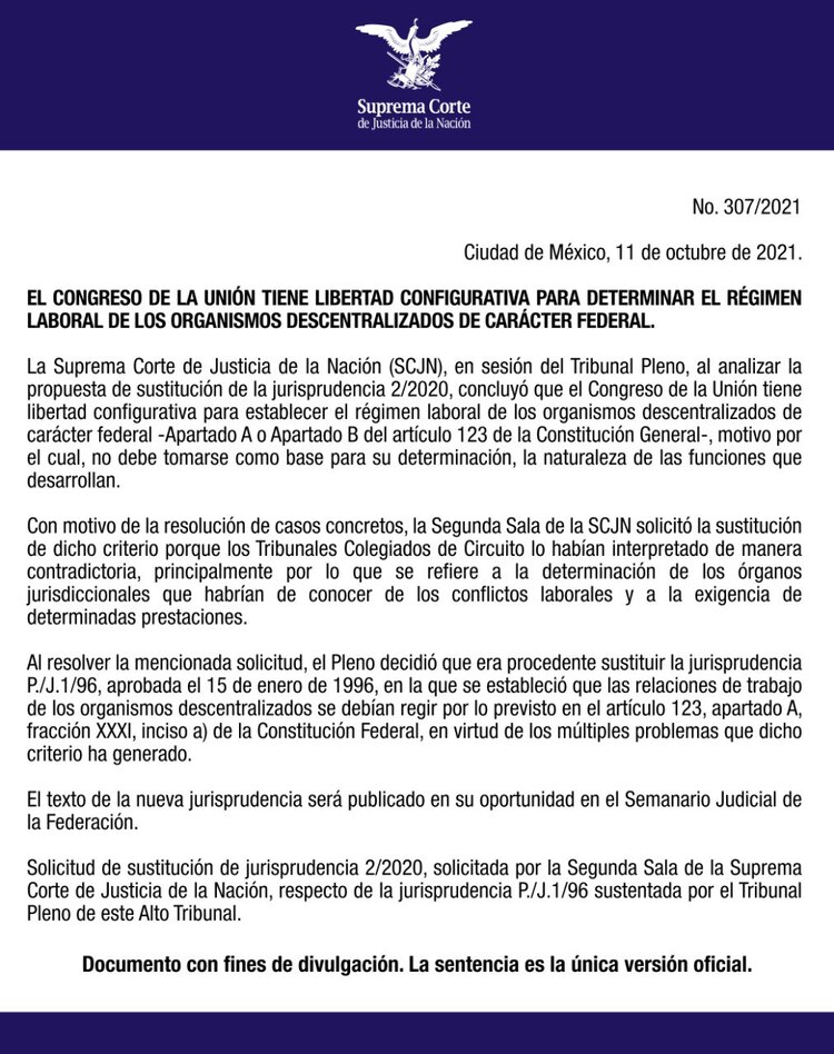 La SCJN determinó que el Congreso de la Unión es libre de establecer el régimen laboral de los organismos descentralizados federales