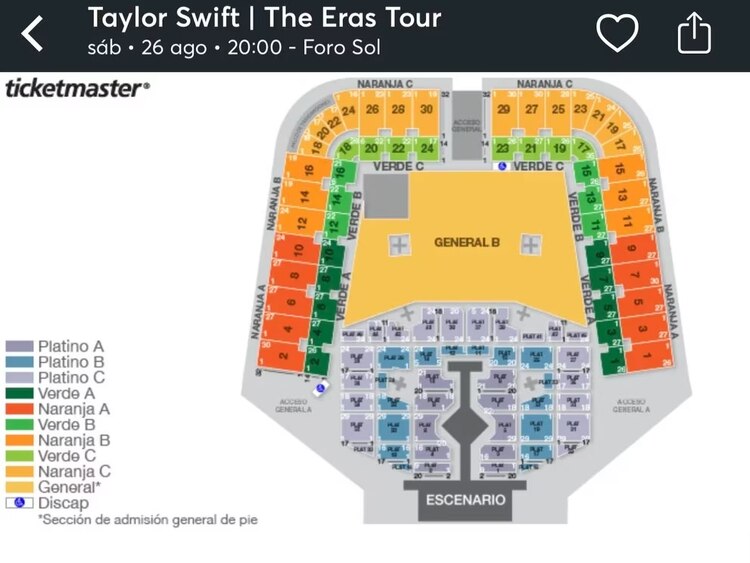 Mapa del Foro Sol para el concierto de Taylor Swift