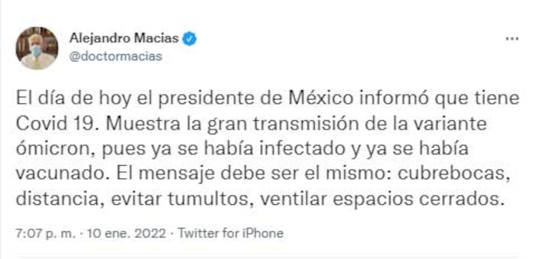 El mensaje en Twitter del doctor Alejandro Macías