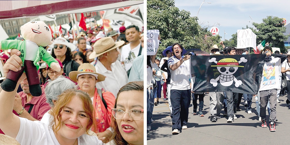Simpatizantes de la 4T, en apoyo a Claudia Sheinbaum en mayo de 2024 y manifestantes de la autodenominada Generación Z, el pasado sábado.